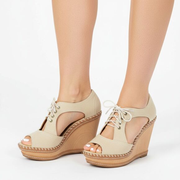 Gianni Bini Shoes - Gianni Bini Tan Wedge Cutout Lace Up High Heel Shoes 7